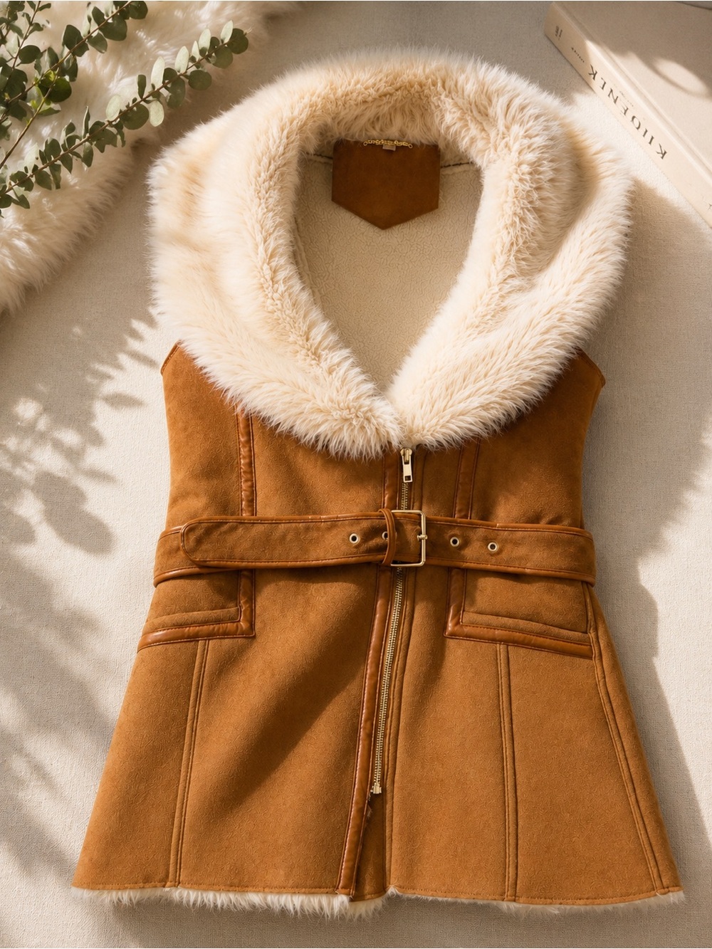 Gianni Bini Tan Faux-Suede Shearling Vest with Cream Fur Collar
